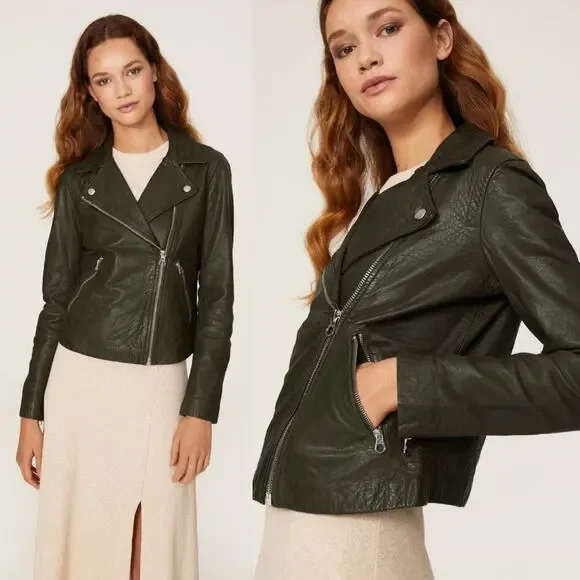 Madewell Washed Leather Motorcycle Jacket Dark Green Size XS Preowned - Picture 2 of 10